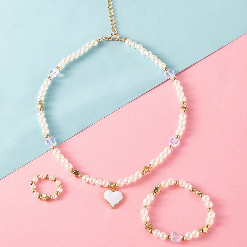 Children Kids Toddlers Girls Heart Necklace Ring Bracelet 3pcs Set